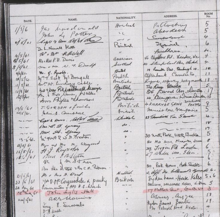 The register of the Loch Ericht Hotel in 1961